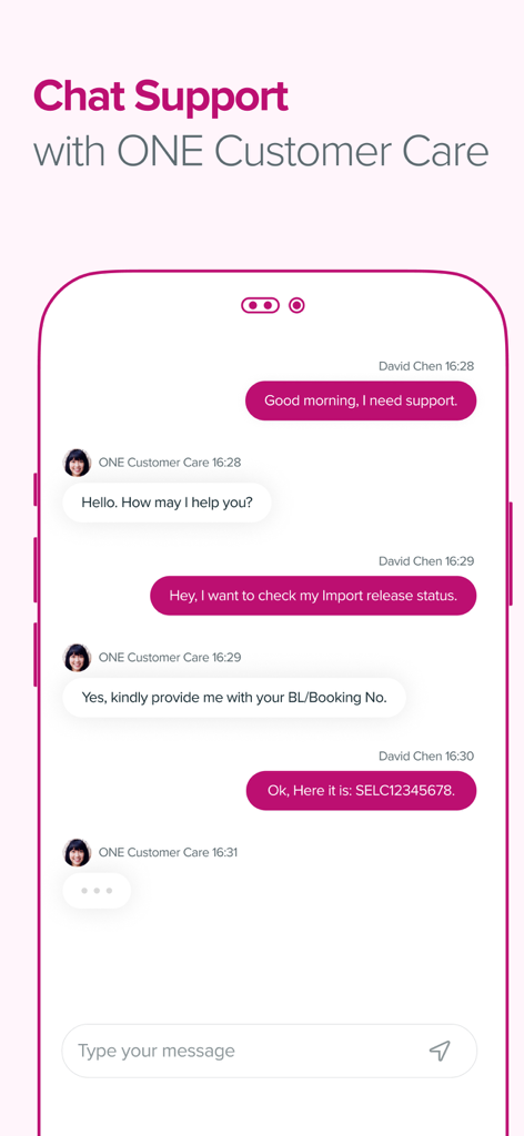 Mobile app interface showing live chat support with Ocean Network Express customer care for checking shipment status.
