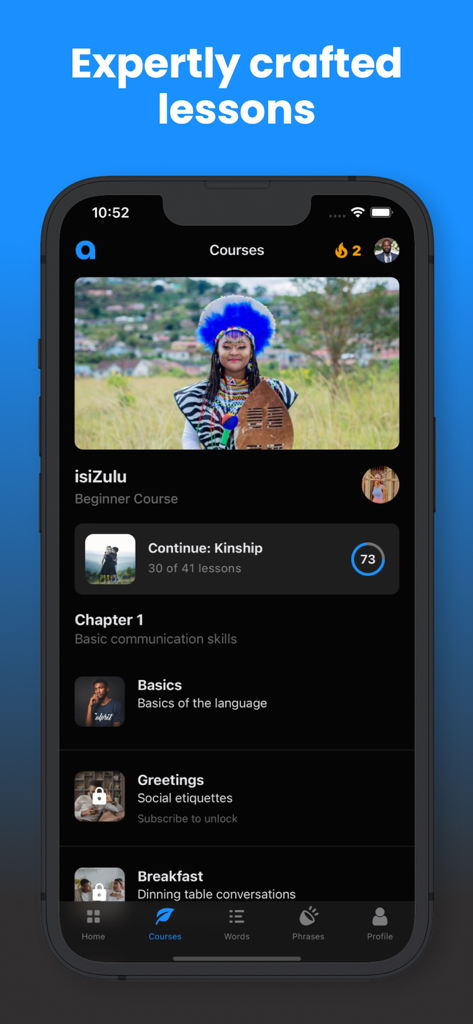 Angula - African languages - Screen showing an isiZulu beginner course in the Angula app with lessons for basics and greetings
