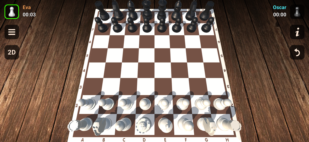 Chess - Two players - A 3D chess board interface featuring black and white pieces on a wooden table background with player names Eva and Oscar.