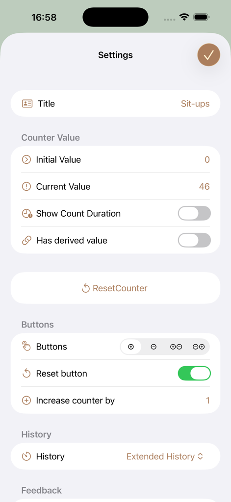 Nombri (Tally Counter) - Settings screen of the Nombri Tally Counter app showing configuration options for a sit ups counter including initial value and history settings