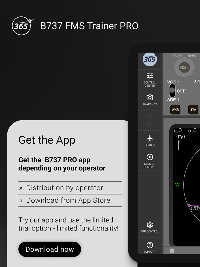 Interfaz de la aplicación B737 FMS Trainer PRO y opciones de descarga para entrenamiento de pilotos profesionales en iPad.