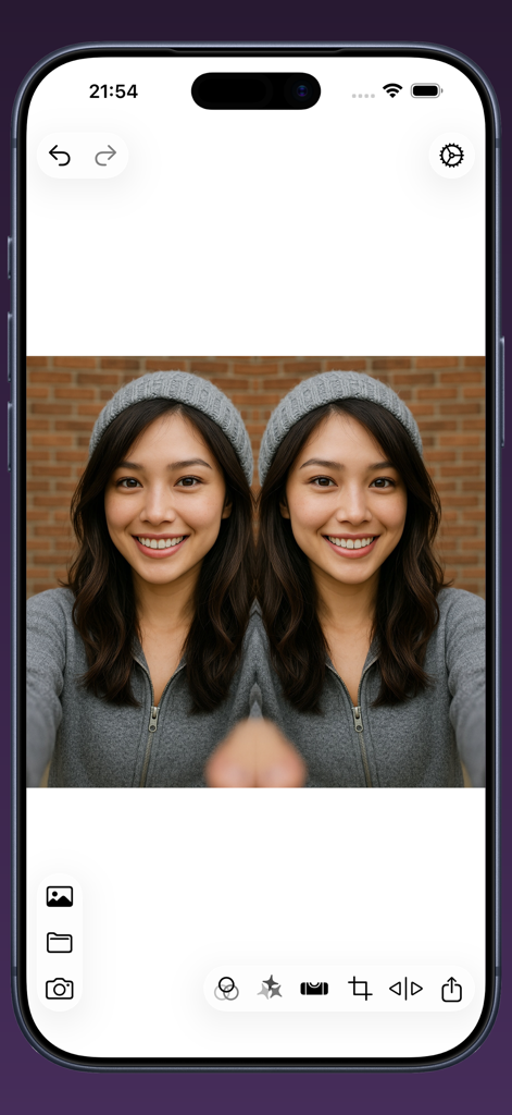 Photo Flipper - selfie mirror - Photo Flipper app interface showing a split mirror effect on a selfie of a young woman