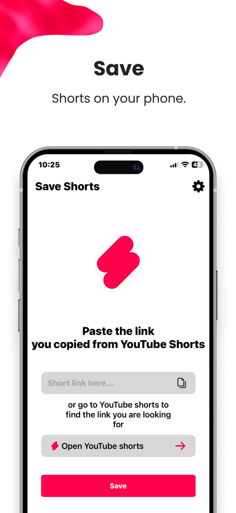 Save & View for YouTube Shorts - 動画リンクを貼り付ける画面を示している、YouTubeショート動画保存・閲覧アプリのインターフェース。