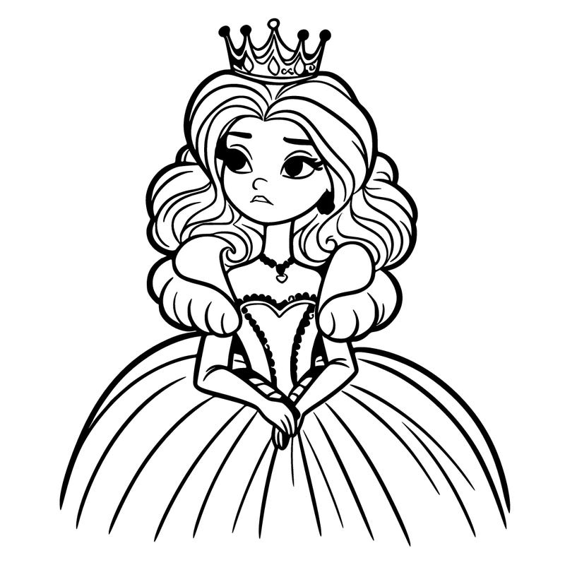 a women with a big crown in a huge dress, with a serious look on her face