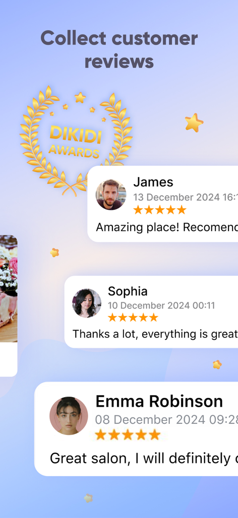 DIKIDI Appointments Scheduling - Interfaccia dell'app DIKIDI che mostra recensioni dei clienti raccolte con valutazioni a 5 stelle e foto profilo