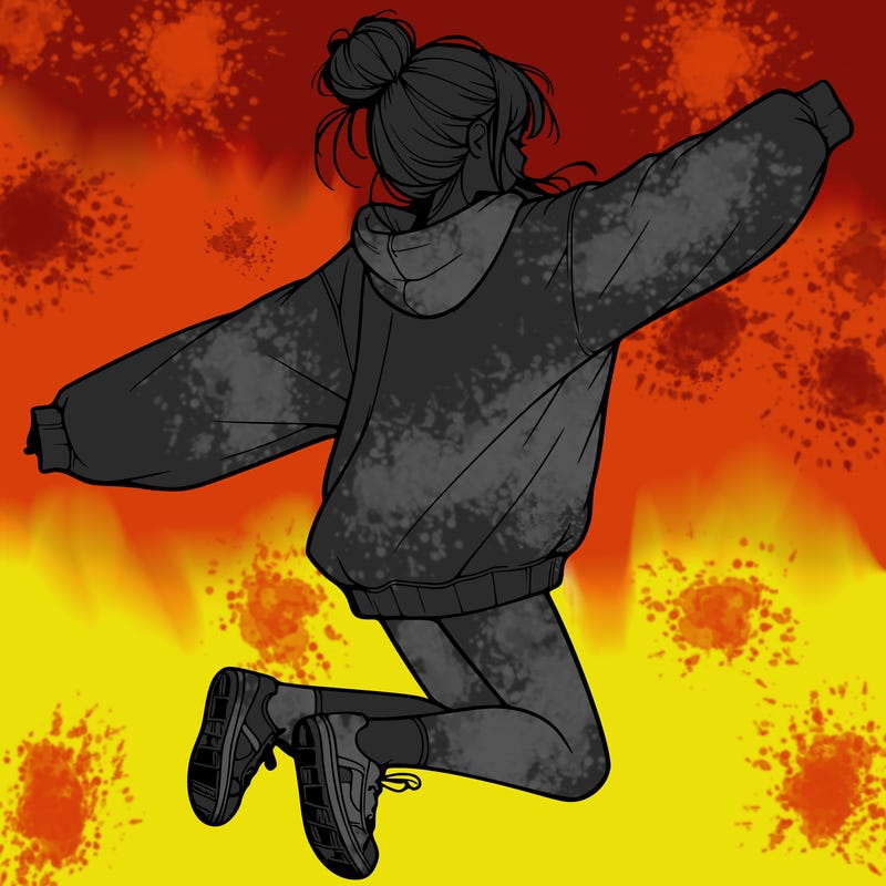 realistic girl jumping with a bun and oversized sweatshirt
