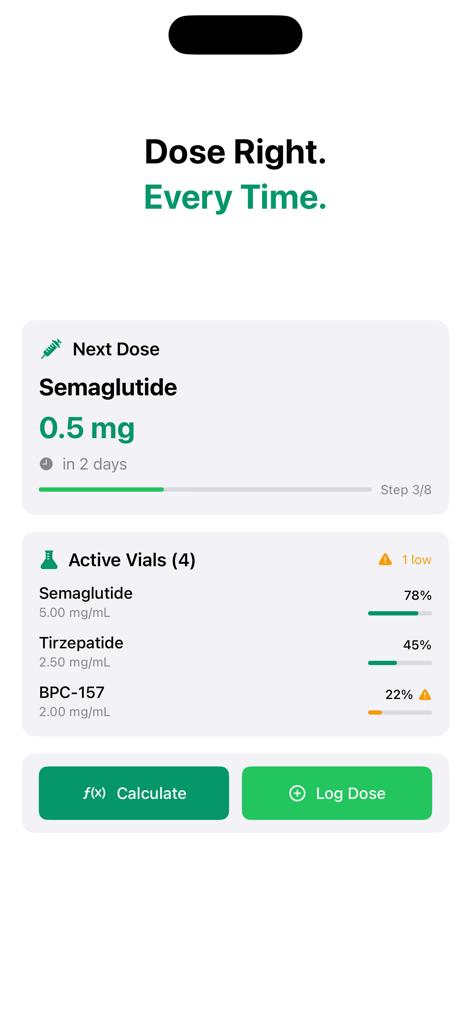 CalcPep - Peptide Calculator - CalcPep app dashboard showing next dose tracking for Semaglutide and inventory of active peptide vials