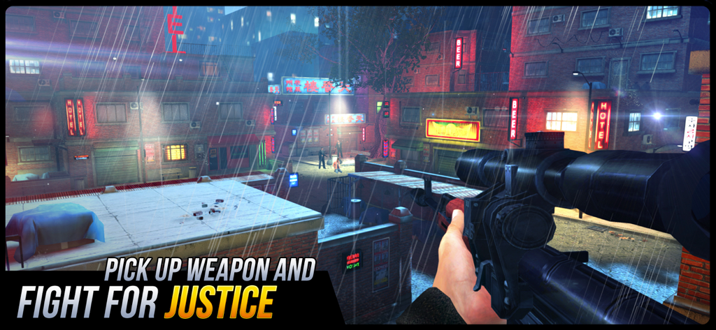 Sniper Honor: 3D Shooting Game - First person sniper view of a rainy city street at night with neon signs.