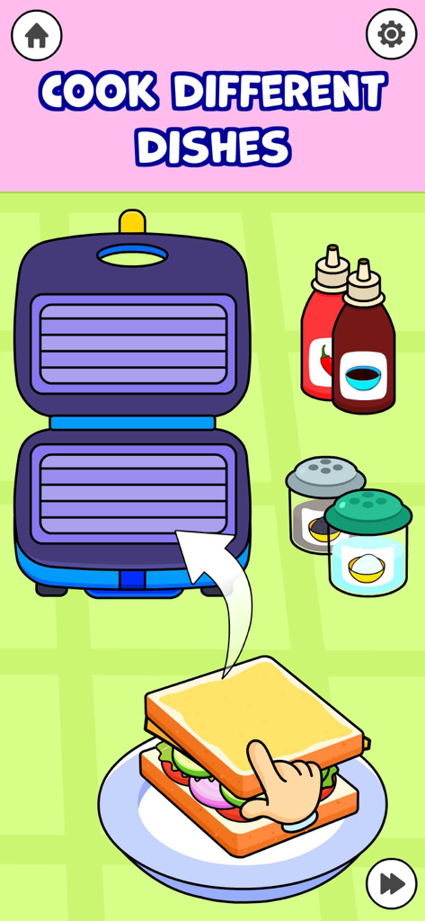 Toddler Cooking Games for Kids - A cartoon sandwich being placed into a blue sandwich press in a toddler cooking game