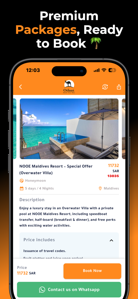 Mobile app interface showing a luxury travel package for a Maldives resort on Otlaat