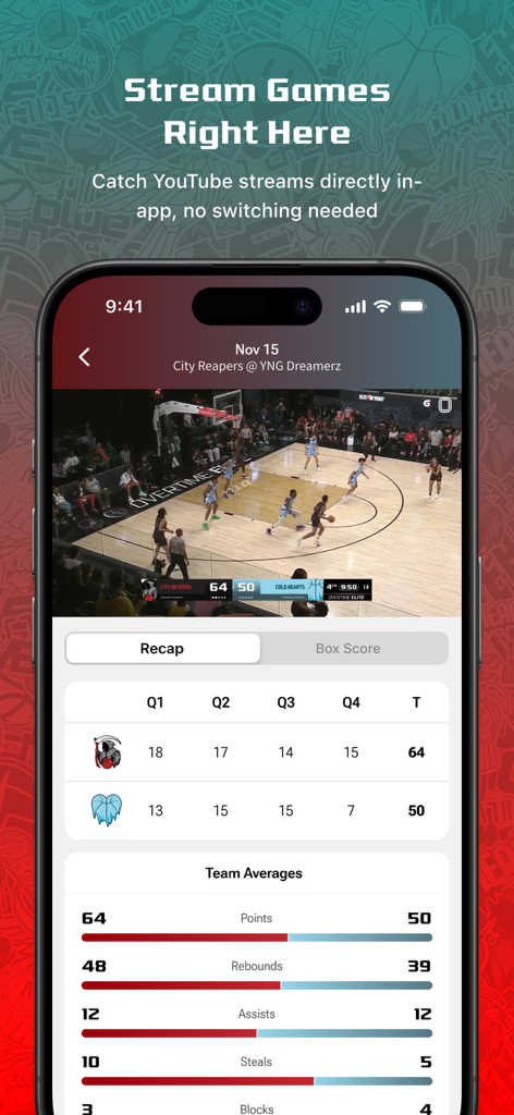 OTE Live - Captura de pantalla de la aplicación OTE Live mostrando una transmisión de partido de baloncesto en vivo con marcador en tiempo real, resumen y estadísticas del equipo