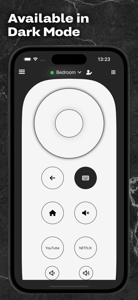 Remote For Chromecast GoogleTV - Tela de smartphone exibindo a interface do controle remoto Chromecast Google TV em modo escuro