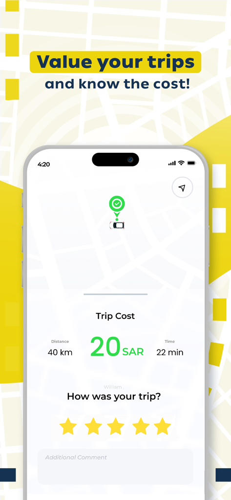Captain One Driver app screen displaying trip cost, distance, duration, and a passenger rating section.