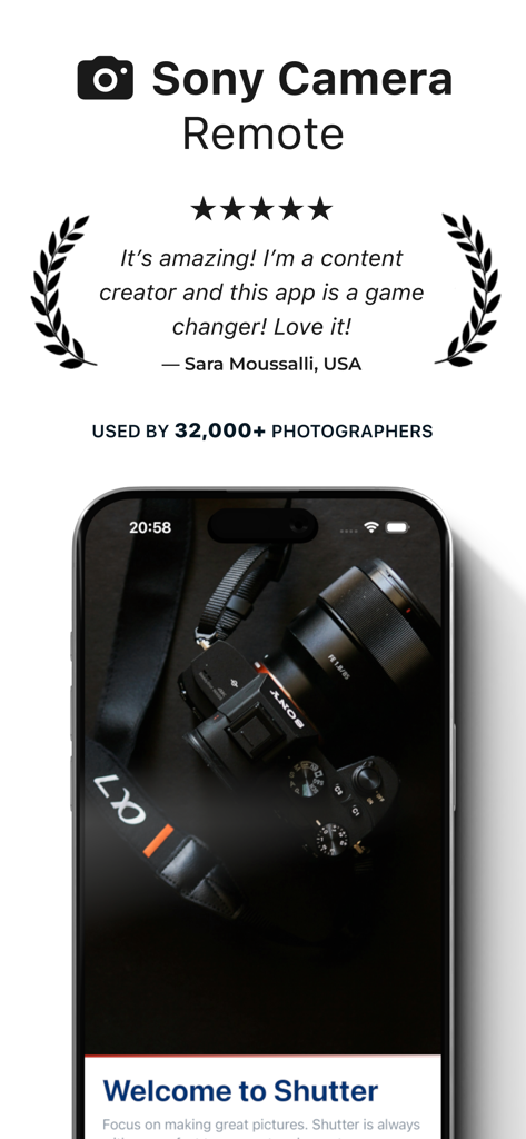Shutter - Sony Camera Remote - Témoignage et évaluation de l'application Shutter Remote pour appareil photo Sony, présentant un appareil photo Sony Alpha sur un iPhone