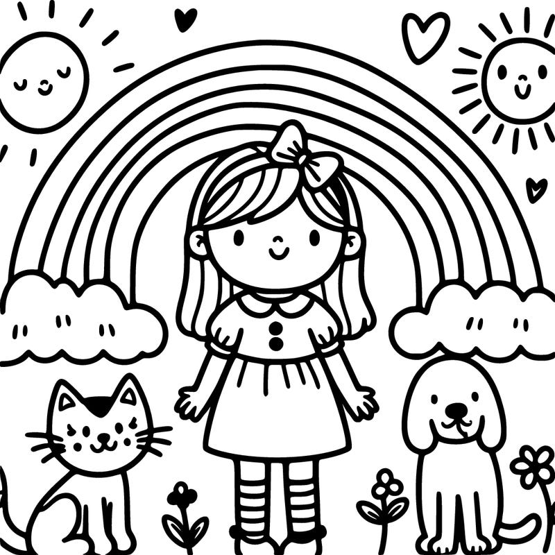 a rainbow a little girl with a cat a a sun and dog