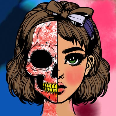 realistic girl with half skull mask