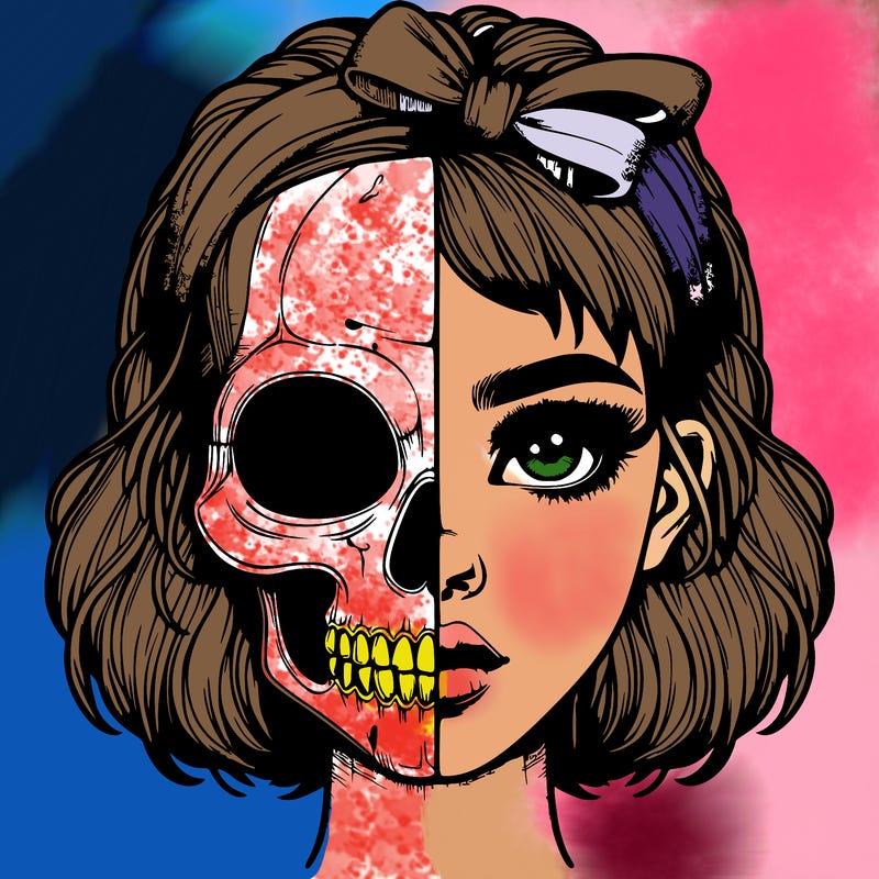 realistic girl with half skull mask
