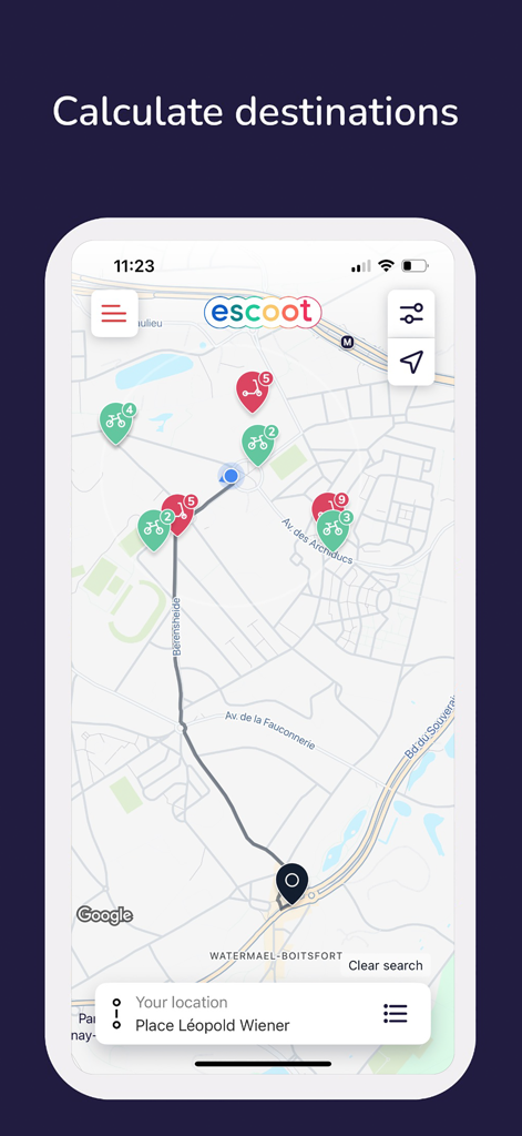 eScoot | e-scooters near you - eScoot app interface displaying route calculation and nearby shared mobility icons on a map.