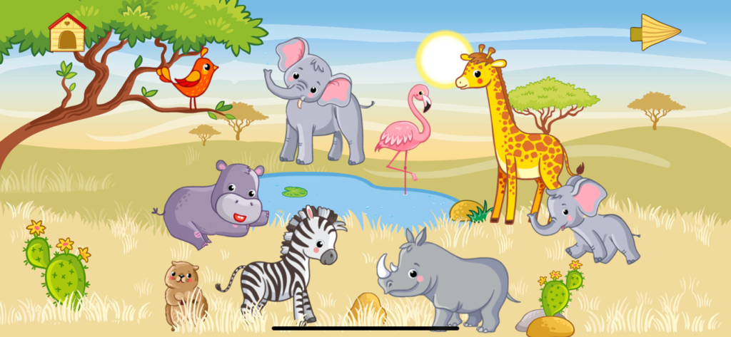 Baby animal games for kids - Colorful cartoon savanna landscape with wild animals like an elephant giraffe and zebra from an educational game for kids