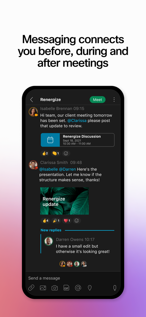 Webex for Intune - Aplicación móvil Webex para Intune que muestra un hilo de mensajería de equipo seguro con invitaciones a reuniones y archivos compartidos