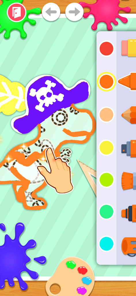 Une activité de coloriage numérique mettant en scène un dinosaure pirate et une variété d'outils artistiques colorés pour enfants