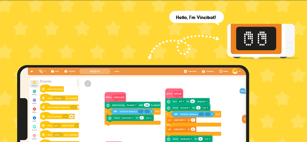 MatataCode(VinciBot) - Interfaz de la aplicación MatataCode que muestra programación visual basada en bloques para controlar el robot VinciBot