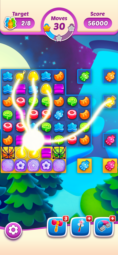 A colorful match 3 puzzle level in Jelly Juice featuring vibrant candies and a glowing special effect combo.