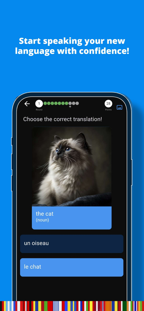 Interface do aplicativo Qlango mostrando um quiz de tradução para a palavra gato do inglês para o francês