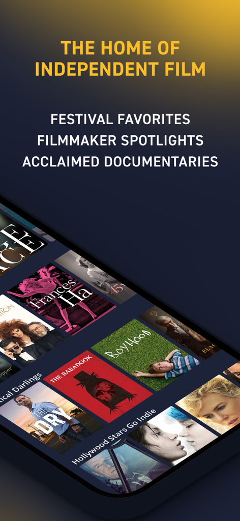 Sundance Now App-Oberfläche mit einer Sammlung von Independent-Filmen, Dokumentationen und Festival-Favoriten