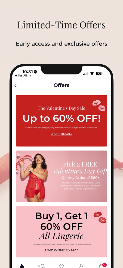 Uma tela móvel do aplicativo Adore Me mostrando promoções e ofertas de lingerie do Dia dos Namorados.