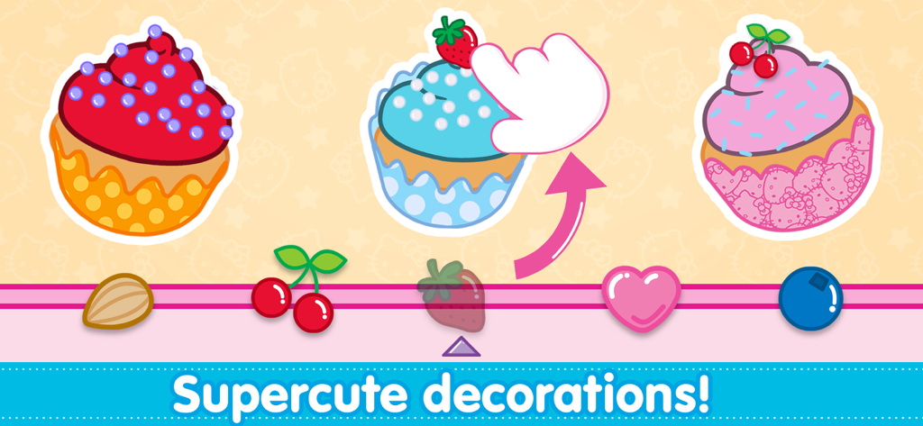 Gameplay screen of Hello Kitty Lunchbox showing a hand dragging a strawberry onto a decorated cupcake
