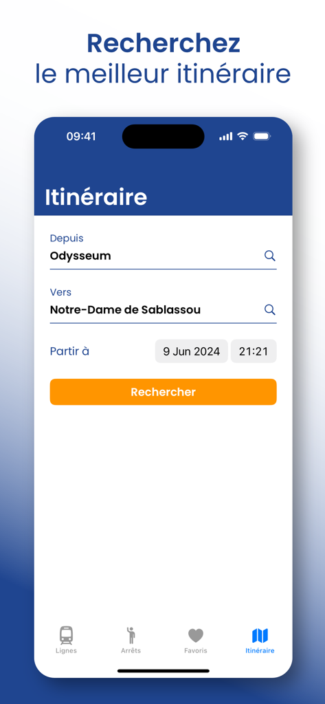 Interface de recherche d'itinéraire de l'application Horaires TAM Montpellier montrant les champs de départ et de destination pour les transports en commun à Montpellier.