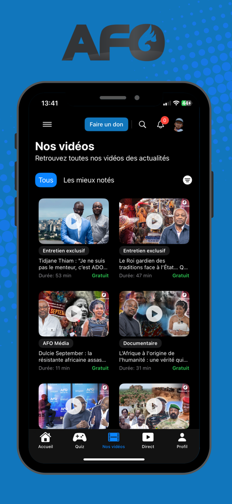 AFO MEDIA app interface showing a list of news videos and documentaries about Africa