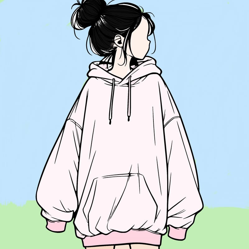realistic girl with a oversized sweatshirt on and a bun