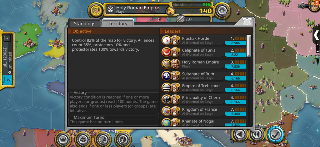 Menu des classements dans Age of Conquest IV montrant le rang des factions et les objectifs de victoire.