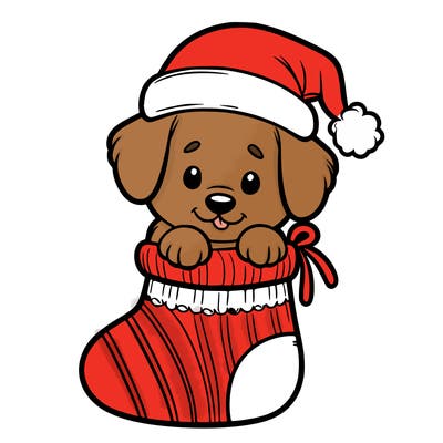 cute puppy wearing santa hat in socking