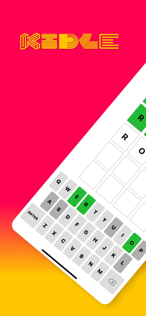 Kidle - Interfaccia del gioco di indovinelli di parole Kidle che mostra un gioco colorato per bambini su uno schermo di telefono.