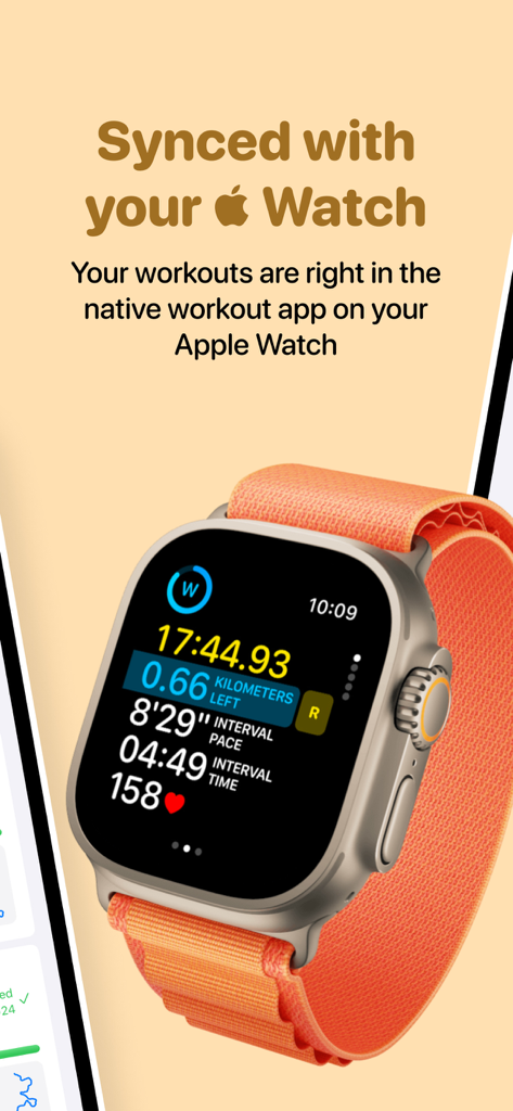 Pantalla de Apple Watch Ultra mostrando métricas de entrenamiento de RunKit sincronizadas, incluyendo ritmo y frecuencia cardíaca.