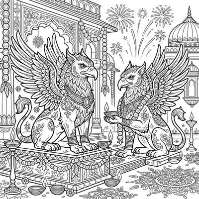 Unleash your creativity with this stunning coloring page depicting magnificent Gargoyle Griffins adorned for Diwali. Immerse yourself in the festive spirit with intricate details of diyas, rangoli, and fireworks, perfect for a joyful coloring experience.