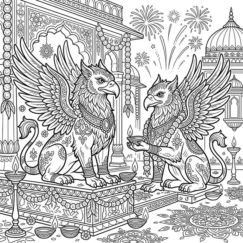 Unleash your creativity with this stunning coloring page depicting magnificent Gargoyle Griffins adorned for Diwali. Immerse yourself in the festive spirit with intricate details of diyas, rangoli, and fireworks, perfect for a joyful coloring experience.