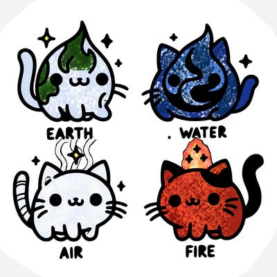 4 cats that represent the different elements, earth, water, air, and fire
