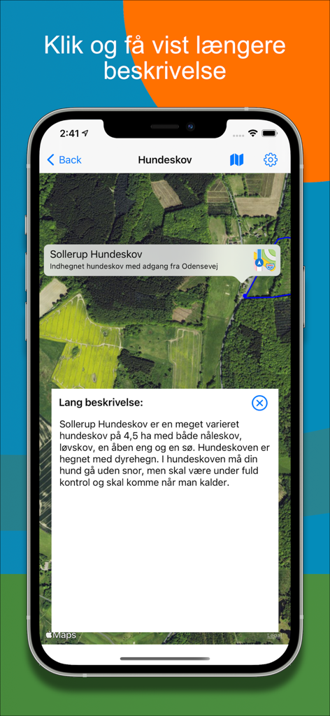 Dog forest - Satellite map view of a dog forest with a detailed descriptive information window.