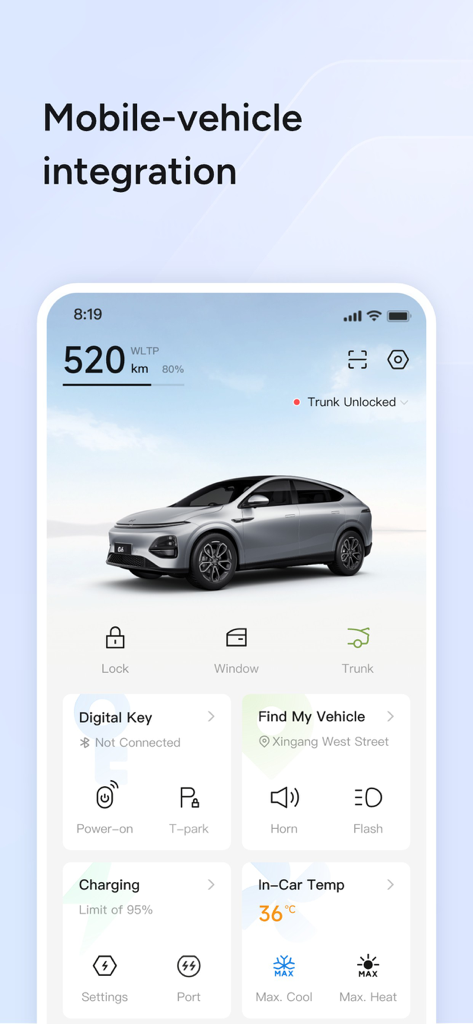 XPENG - XPENG mobile app dashboard showing remote vehicle controls for locks, windows, climate, and charging status