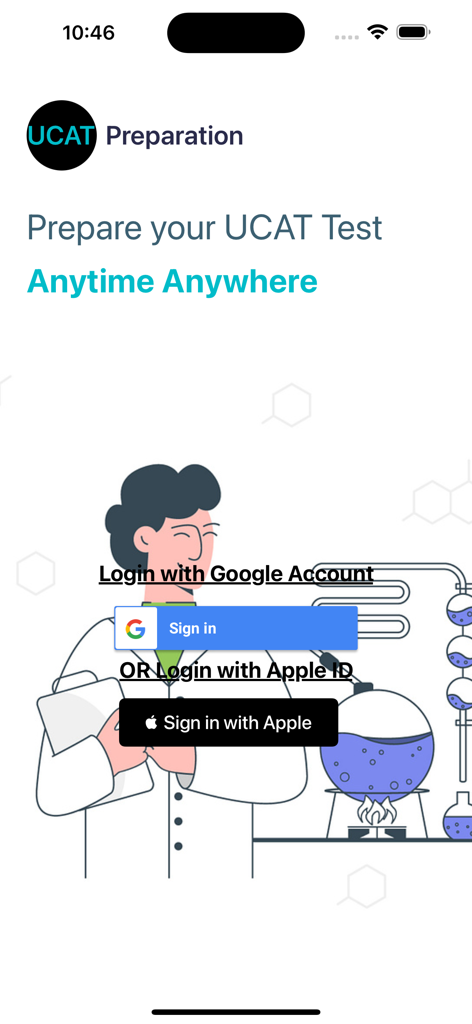 UCAT Preparation - UCAT Preparation app login screen showing sign in options and a medical professional illustration