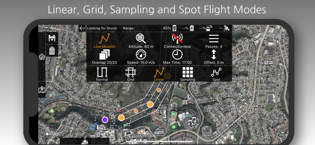 Map Pilot Pro Mobile App-Oberfläche, die verschiedene professionelle Drohnenflugmodi wie Lineares Gitter und Sampling für die Luftbilddatenerfassung zeigt