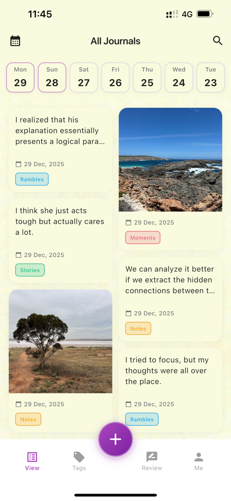 Lingo Journal - Dashboard of the Lingo Journal app displaying a list of journal entries with photos and category tags