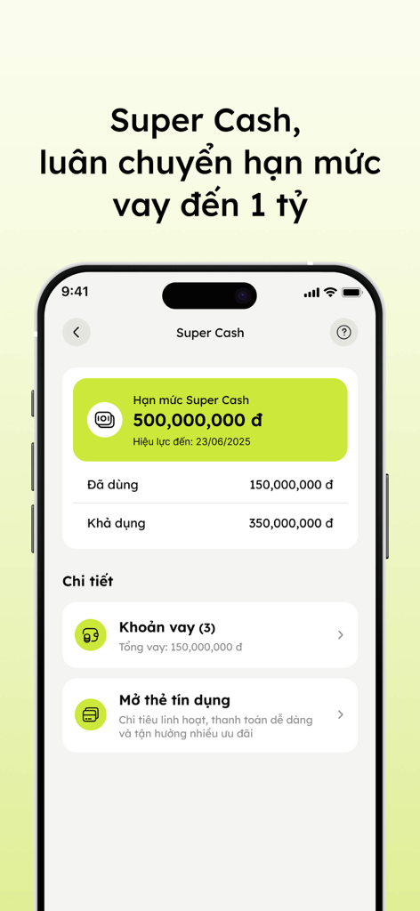 Max - Interfaccia mobile dell'app Max by VIB che mostra il limite di credito Super Cash e il saldo del prestito