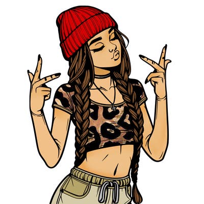 realistic teenage girl with braids and a beanie and crop top doing 🫶🏼