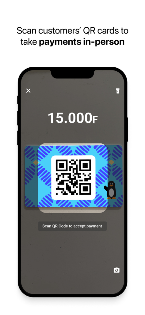 Interfaccia dell'app Wave Business che scansiona una carta QR per accettare un pagamento di persona.