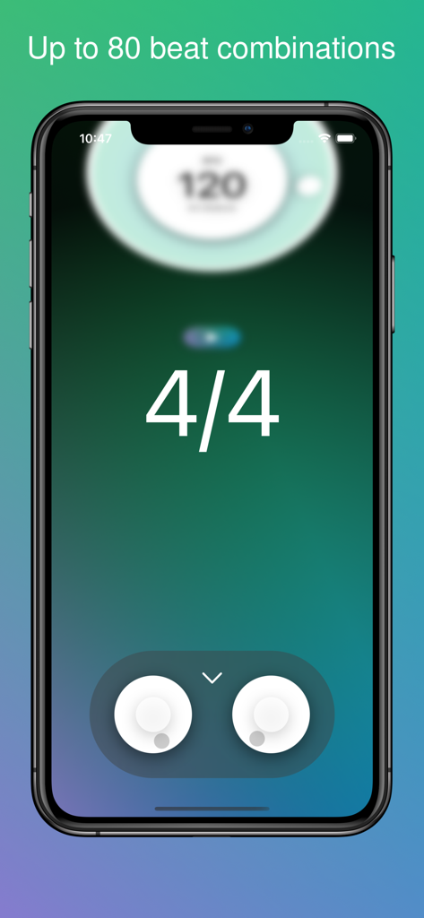 Metronome - Metronome Pro - Metronome ProアプリのiPhone画面に、4/4拍子記号のインターフェースと「最大80種類のビートコンビネーション」という見出しが表示されている